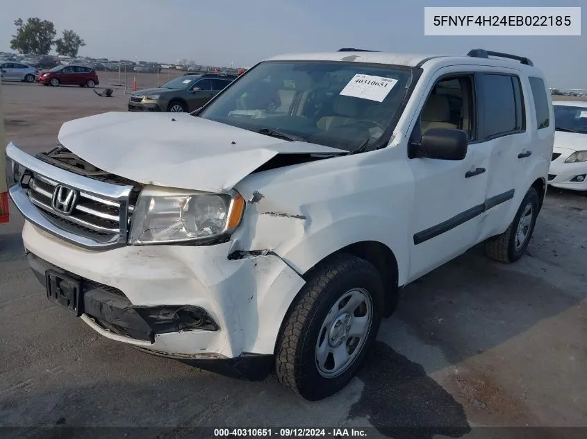 2014 Honda Pilot Lx VIN: 5FNYF4H24EB022185 Lot: 40310651