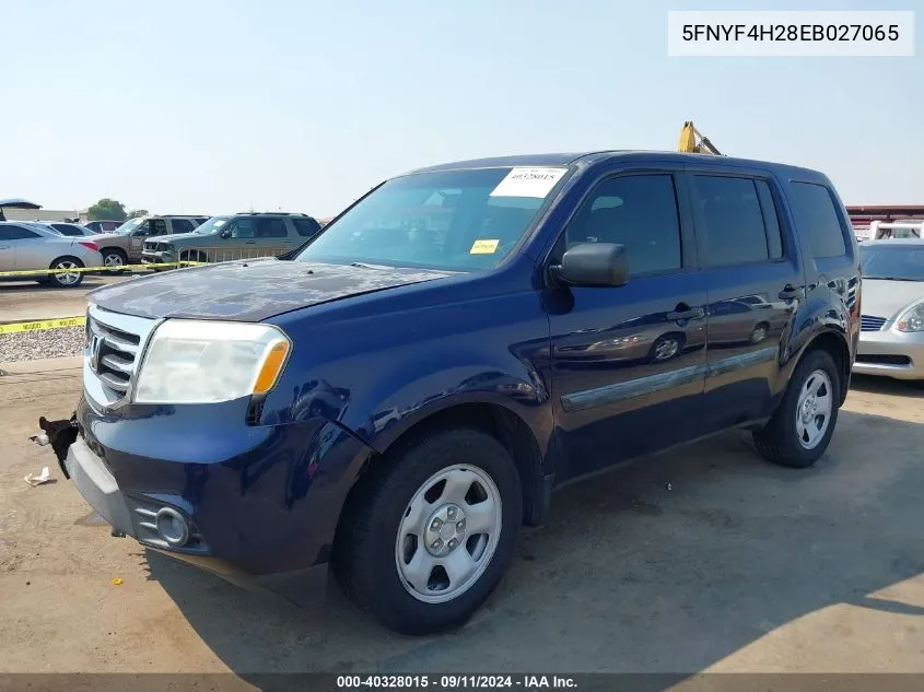 2014 Honda Pilot Lx VIN: 5FNYF4H28EB027065 Lot: 40328015