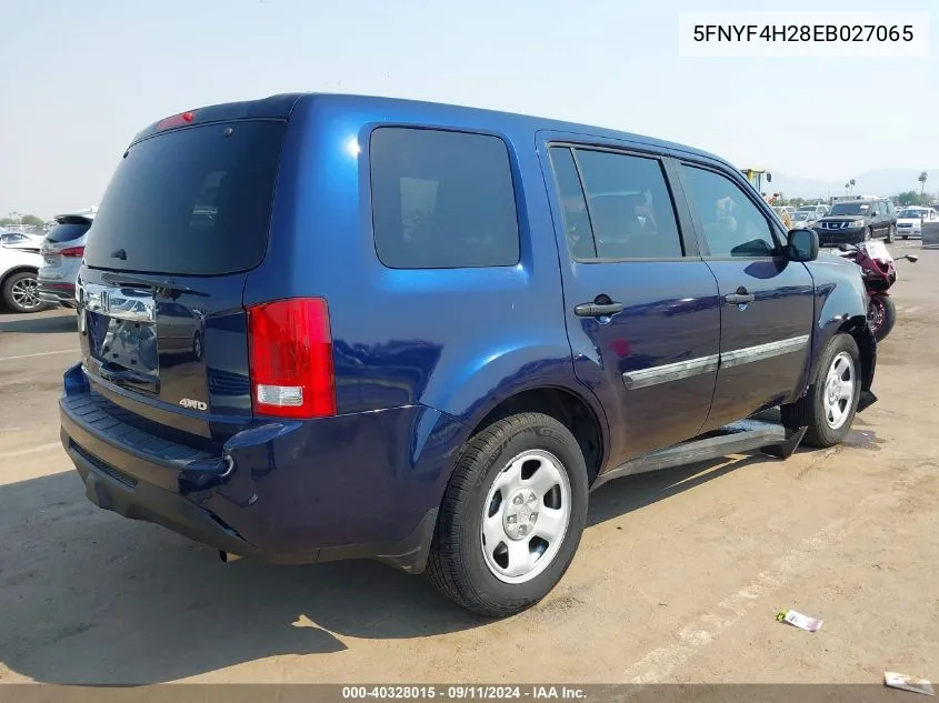 2014 Honda Pilot Lx VIN: 5FNYF4H28EB027065 Lot: 40328015