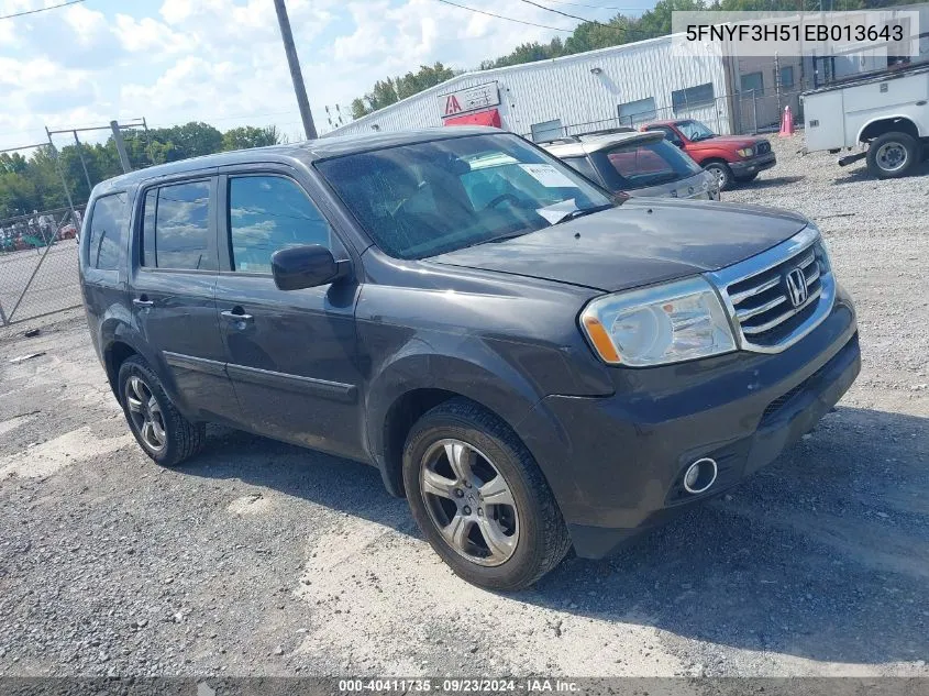 2014 Honda Pilot Exl VIN: 5FNYF3H51EB013643 Lot: 40411735