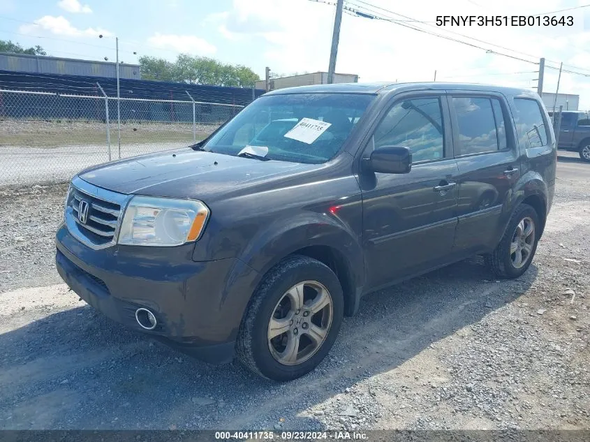 2014 Honda Pilot Exl VIN: 5FNYF3H51EB013643 Lot: 40411735