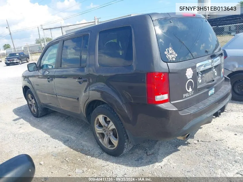 2014 Honda Pilot Exl VIN: 5FNYF3H51EB013643 Lot: 40411735