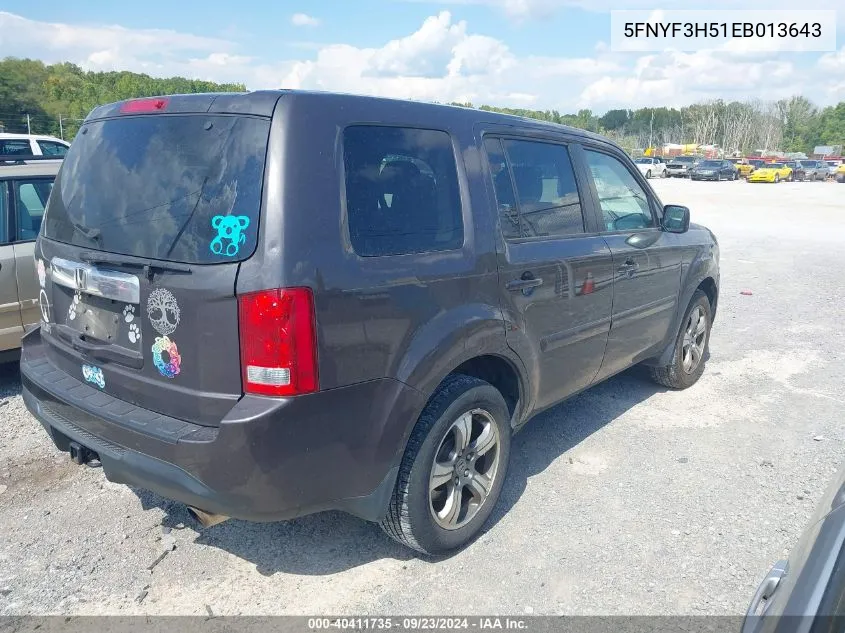 2014 Honda Pilot Exl VIN: 5FNYF3H51EB013643 Lot: 40411735