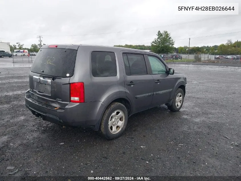 2014 Honda Pilot Lx VIN: 5FNYF4H28EB026644 Lot: 40442562