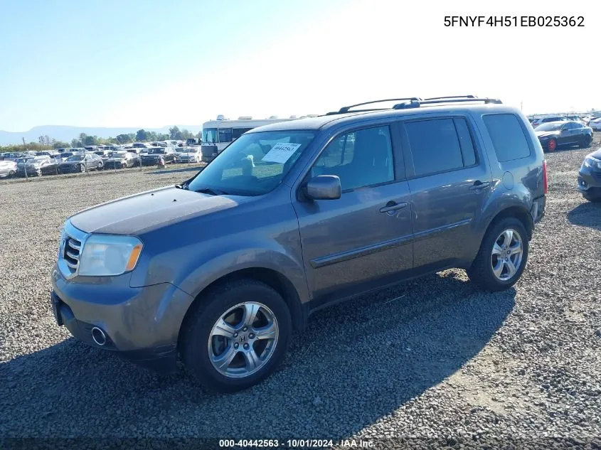 2014 Honda Pilot Ex-L VIN: 5FNYF4H51EB025362 Lot: 40442563