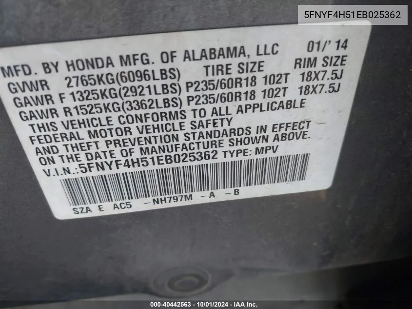 5FNYF4H51EB025362 2014 Honda Pilot Ex-L