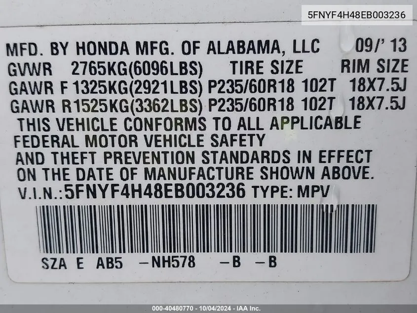 2014 Honda Pilot Ex VIN: 5FNYF4H48EB003236 Lot: 40480770