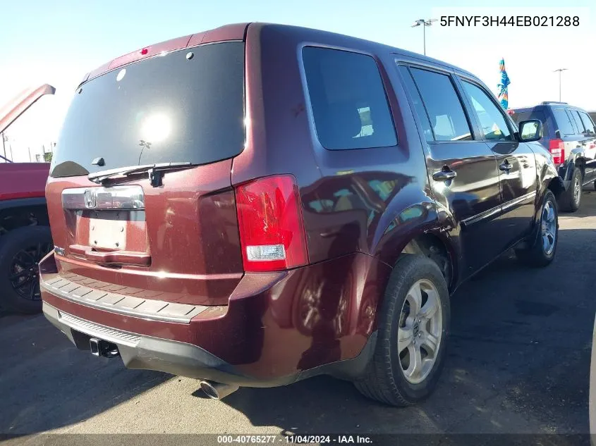 2014 Honda Pilot Ex VIN: 5FNYF3H44EB021288 Lot: 40765277