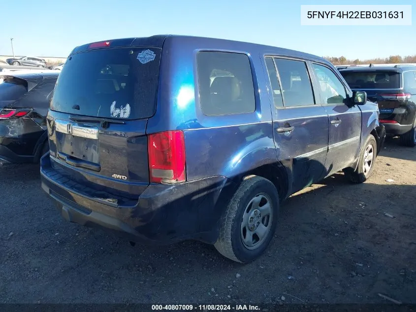 2014 Honda Pilot Lx VIN: 5FNYF4H22EB031631 Lot: 40807009