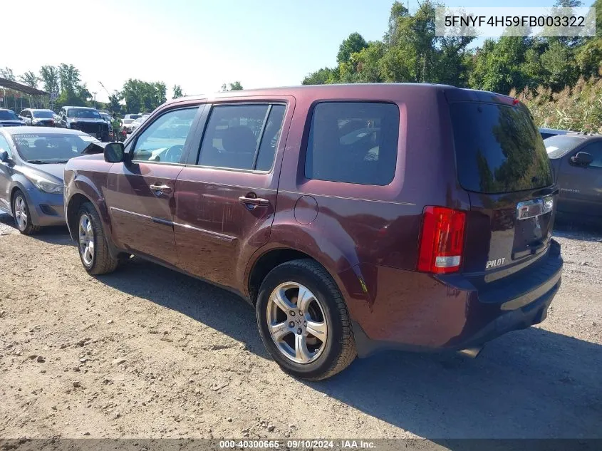 2015 Honda Pilot Ex-L VIN: 5FNYF4H59FB003322 Lot: 40300665