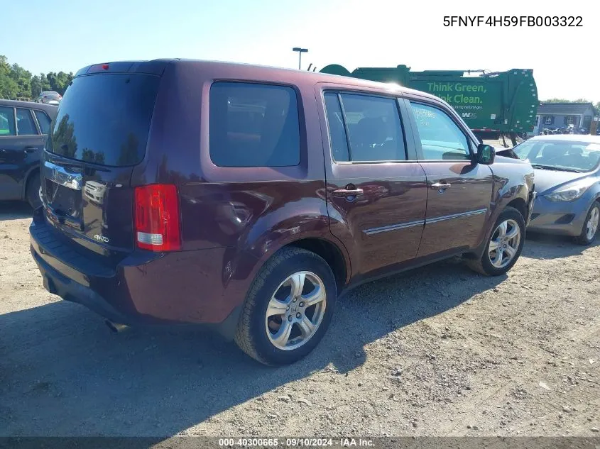 2015 Honda Pilot Ex-L VIN: 5FNYF4H59FB003322 Lot: 40300665