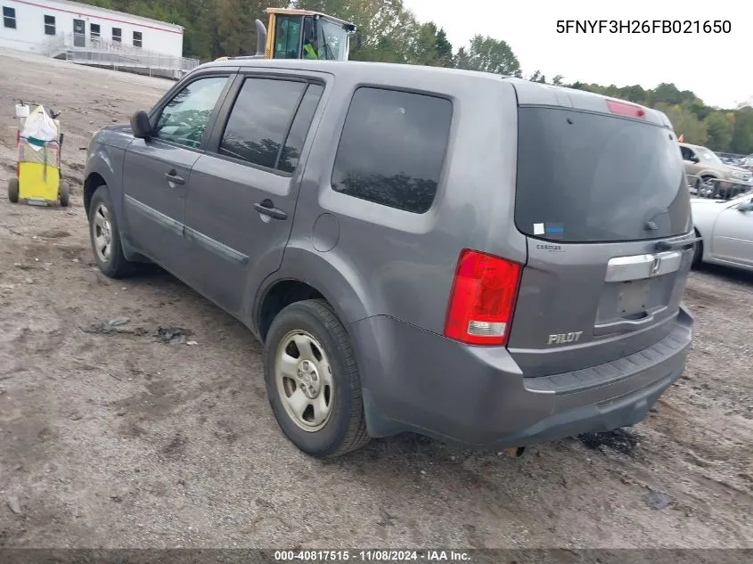 2015 Honda Pilot Lx VIN: 5FNYF3H26FB021650 Lot: 40817515