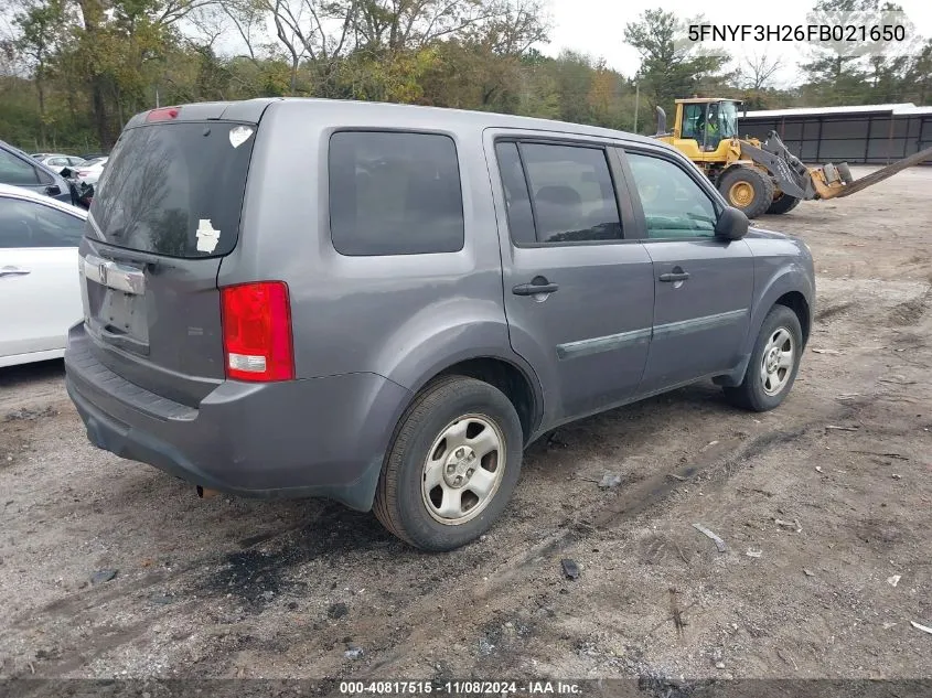 2015 Honda Pilot Lx VIN: 5FNYF3H26FB021650 Lot: 40817515