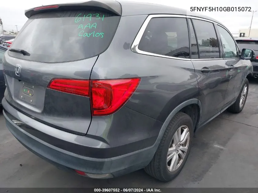 2016 Honda Pilot Lx VIN: 5FNYF5H10GB015072 Lot: 39607552