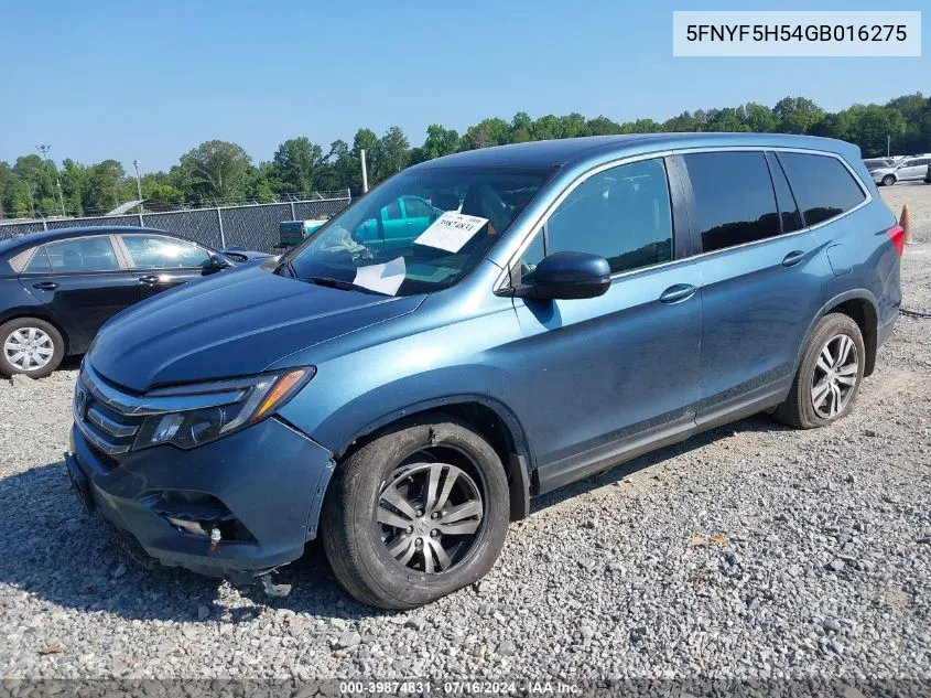 2016 Honda Pilot Ex-L VIN: 5FNYF5H54GB016275 Lot: 39874831