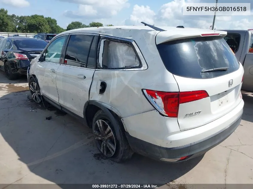 2016 Honda Pilot Ex VIN: 5FNYF5H36GB016518 Lot: 39931272