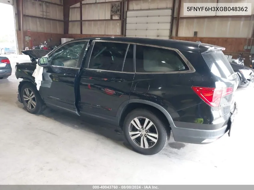 2016 Honda Pilot Ex VIN: 5FNYF6H3XGB048362 Lot: 40043760