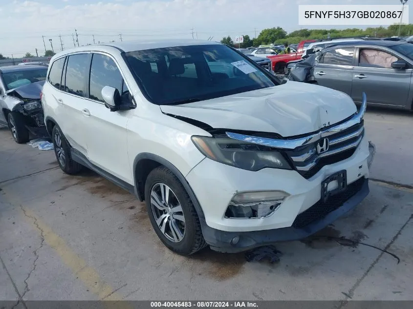 2016 Honda Pilot Ex VIN: 5FNYF5H37GB020867 Lot: 40045483