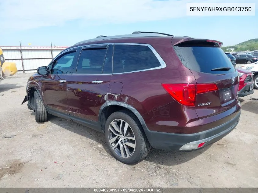 2016 Honda Pilot Touring VIN: 5FNYF6H9XGB043750 Lot: 40234197