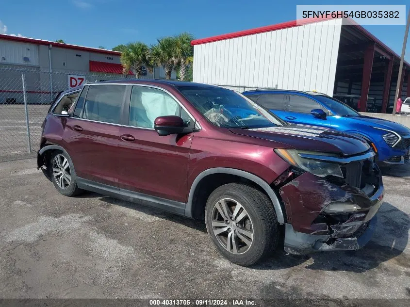 2016 Honda Pilot Ex-L VIN: 5FNYF6H54GB035382 Lot: 40313705