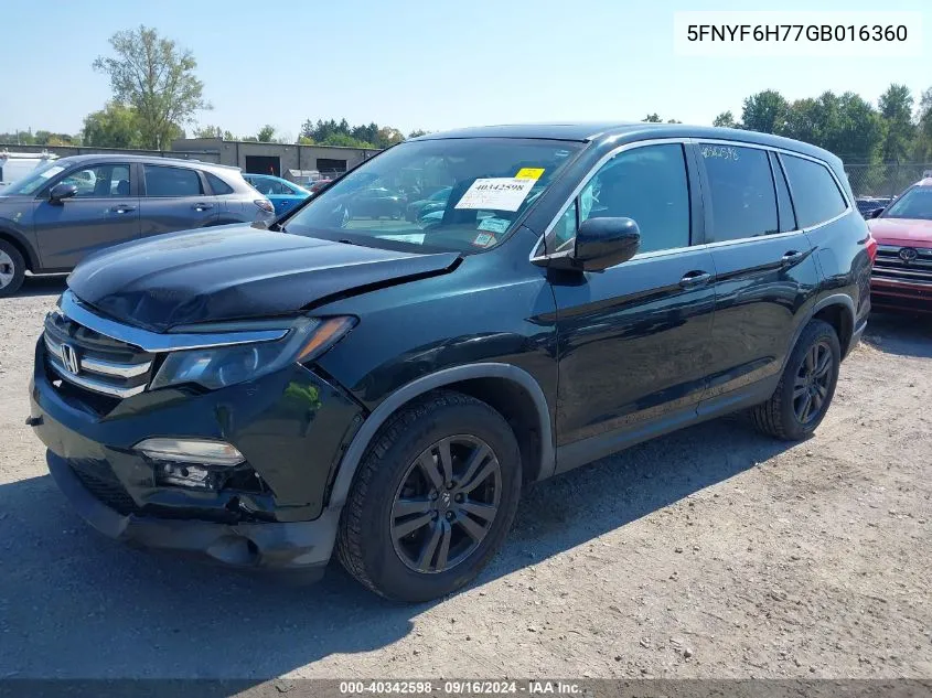 2016 Honda Pilot Ex-L VIN: 5FNYF6H77GB016360 Lot: 40342598