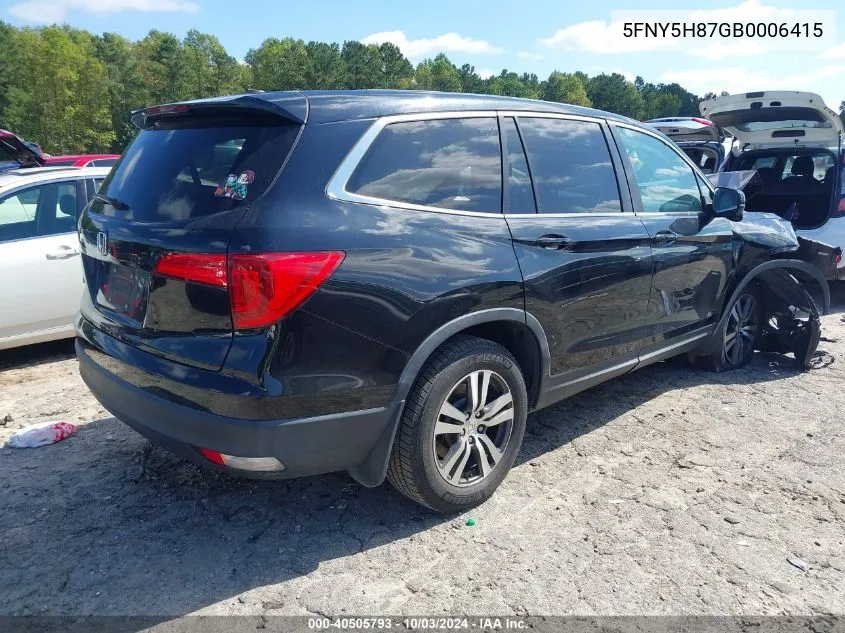 2016 Honda Pilot Ex-L VIN: 5FNY5H87GB0006415 Lot: 40505793