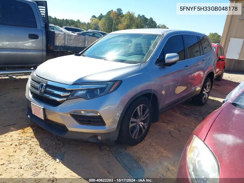 2016 Honda Pilot Ex VIN: 5FNYF5H33GB048178 Lot: 40622283