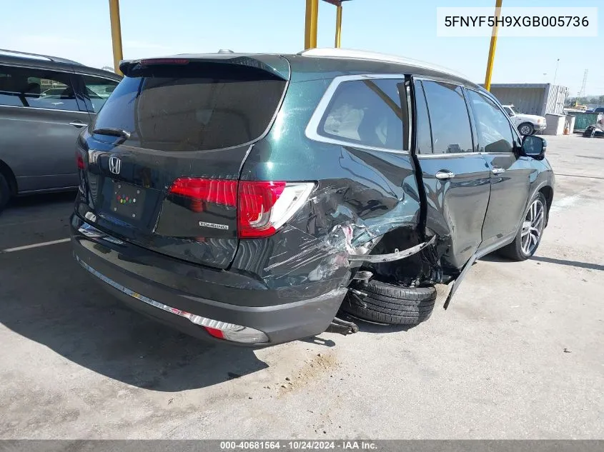 2016 Honda Pilot Touring VIN: 5FNYF5H9XGB005736 Lot: 40681564