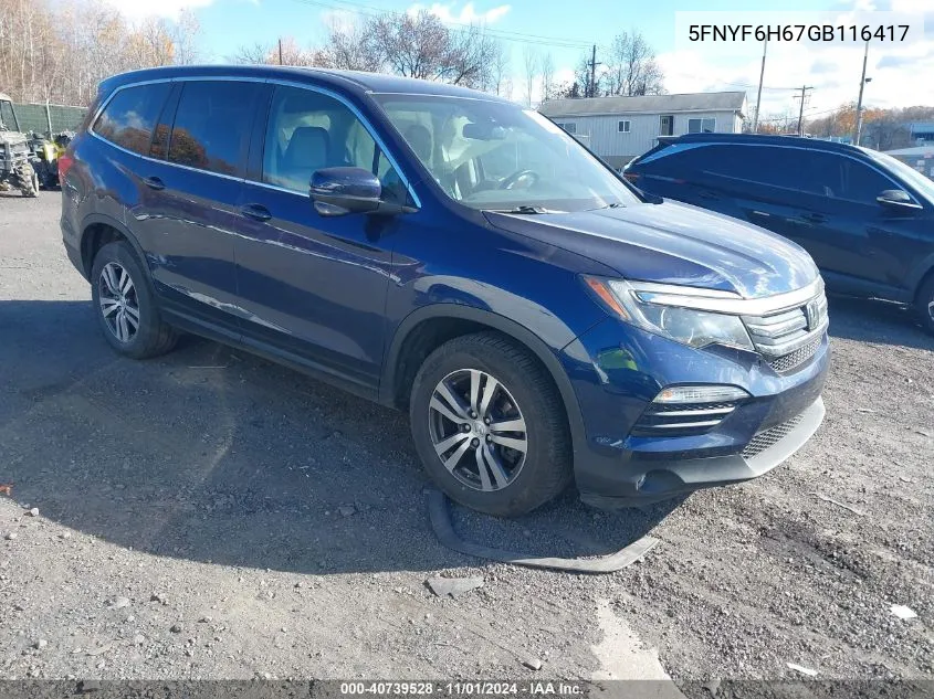 2016 Honda Pilot Ex-L VIN: 5FNYF6H67GB116417 Lot: 40739528