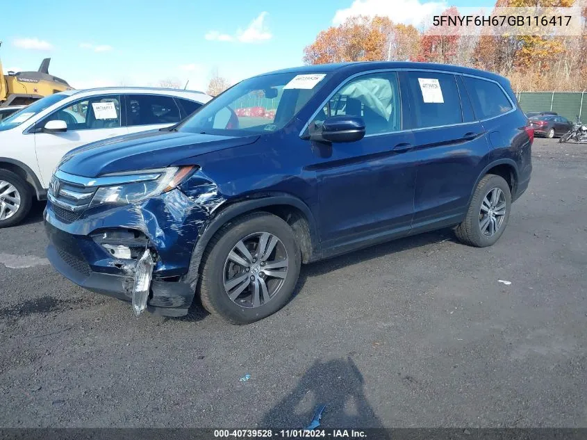 2016 Honda Pilot Ex-L VIN: 5FNYF6H67GB116417 Lot: 40739528