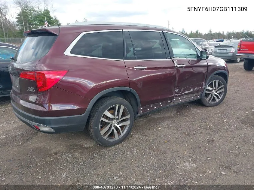 2016 Honda Pilot Elite VIN: 5FNYF6H07GB111309 Lot: 40793278