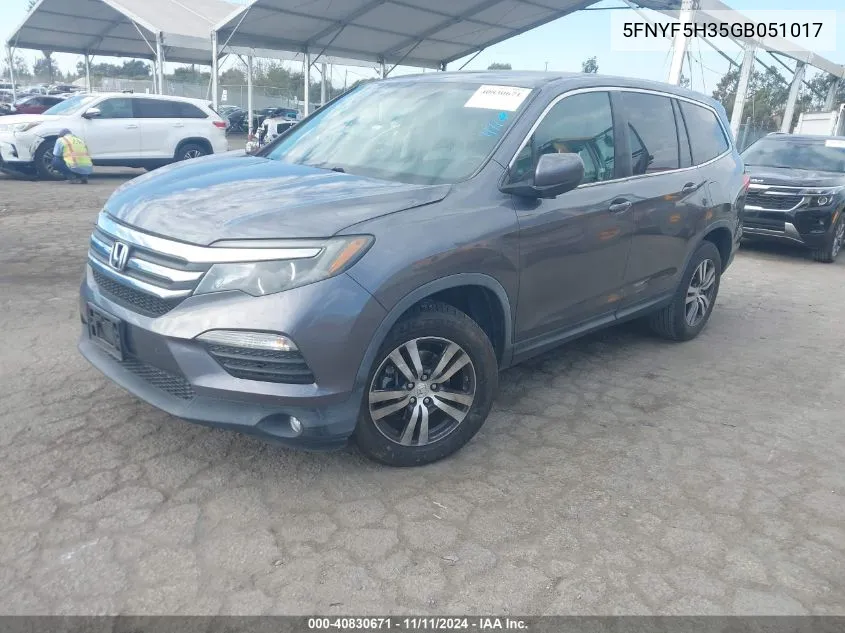 2016 Honda Pilot Ex VIN: 5FNYF5H35GB051017 Lot: 40830671