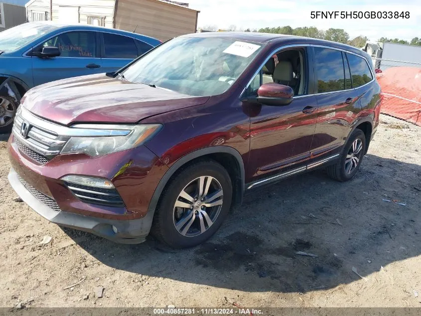 2016 Honda Pilot Ex-L VIN: 5FNYF5H50GB033848 Lot: 40857281