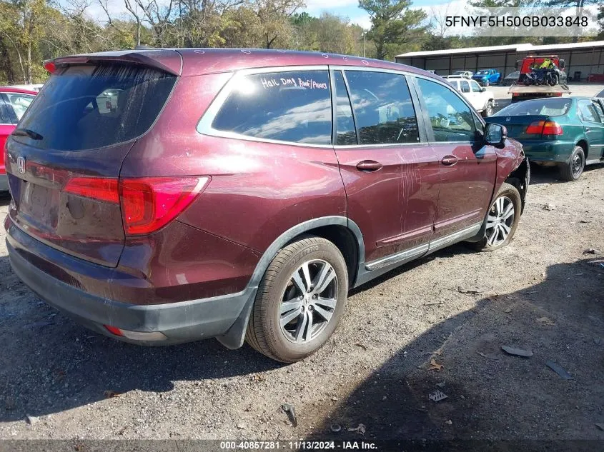 2016 Honda Pilot Ex-L VIN: 5FNYF5H50GB033848 Lot: 40857281