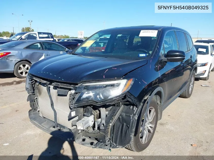 2016 Honda Pilot Ex-L VIN: 5FNYF5H54GB049325 Lot: 40881167