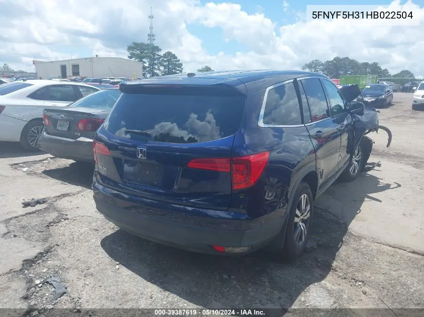 2017 Honda Pilot Ex VIN: 5FNYF5H31HB022504 Lot: 39387619