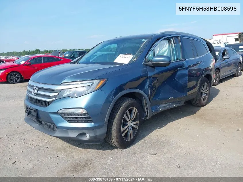 2017 Honda Pilot Ex-L VIN: 5FNYF5H58HB008598 Lot: 39876769