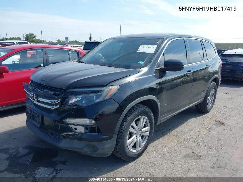 2017 Honda Pilot Lx VIN: 5FNYF5H19HB017419 Lot: 40134865