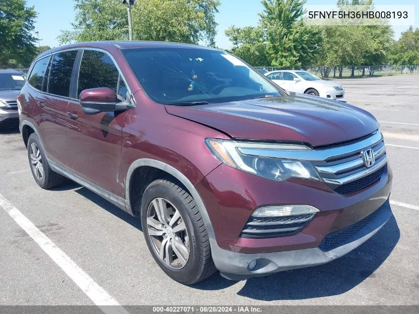 2017 Honda Pilot Ex VIN: 5FNYF5H36HB008193 Lot: 40227071