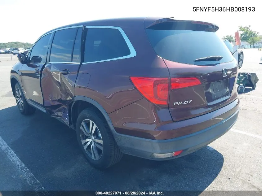 2017 Honda Pilot Ex VIN: 5FNYF5H36HB008193 Lot: 40227071