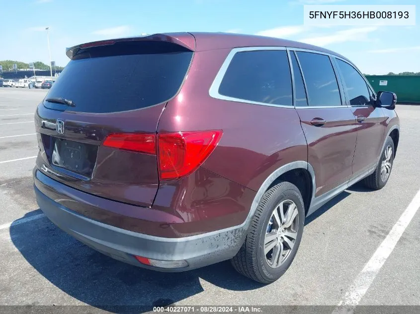 2017 Honda Pilot Ex VIN: 5FNYF5H36HB008193 Lot: 40227071