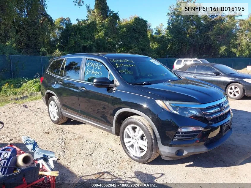 2017 Honda Pilot Lx VIN: 5FNYF6H16HB015195 Lot: 40562842