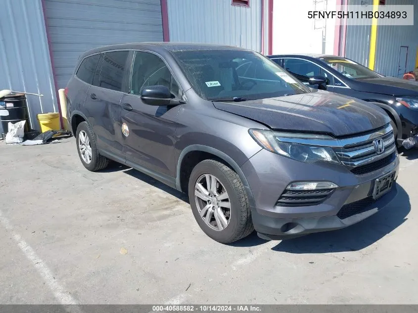 2017 Honda Pilot Lx VIN: 5FNYF5H11HB034893 Lot: 40588582