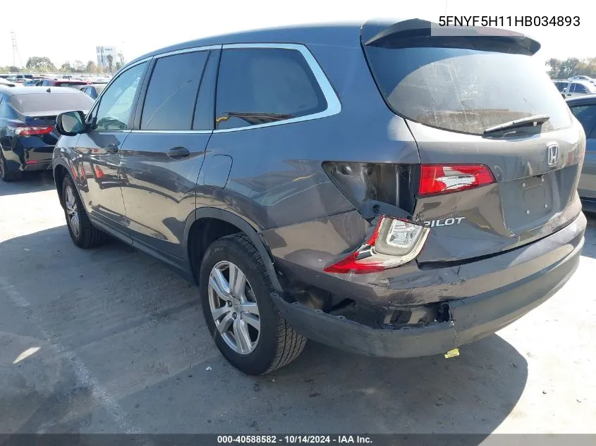 2017 Honda Pilot Lx VIN: 5FNYF5H11HB034893 Lot: 40588582