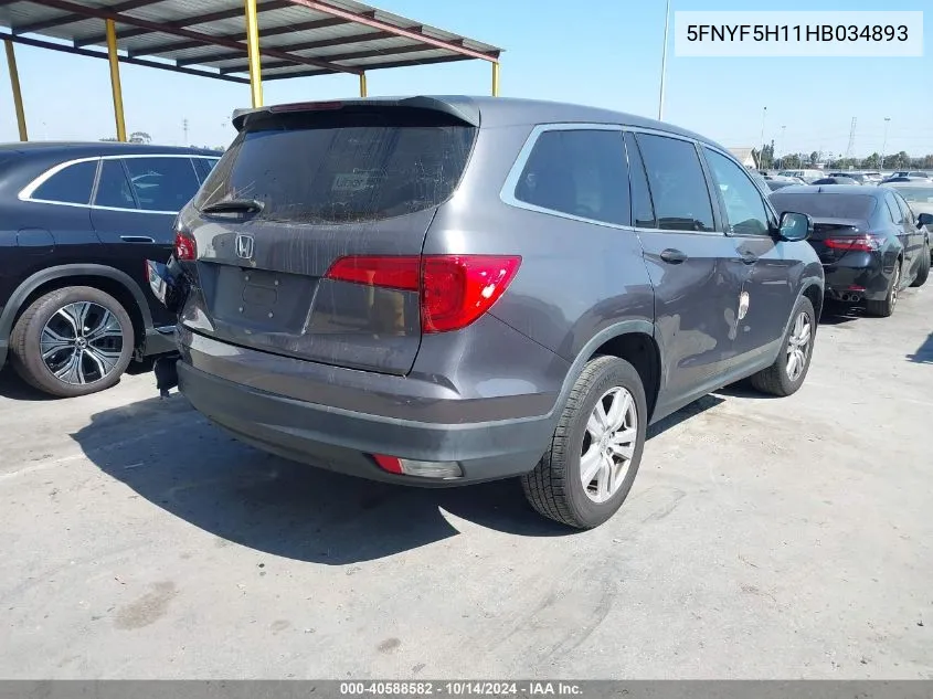 2017 Honda Pilot Lx VIN: 5FNYF5H11HB034893 Lot: 40588582