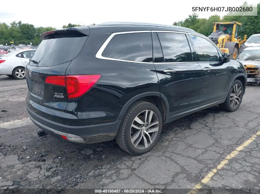 2018 Honda Pilot Elite VIN: 5FNYF6H07JB002680 Lot: 40150457