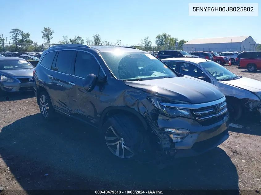 2018 Honda Pilot Elite VIN: 5FNYF6H00JB025802 Lot: 40479313