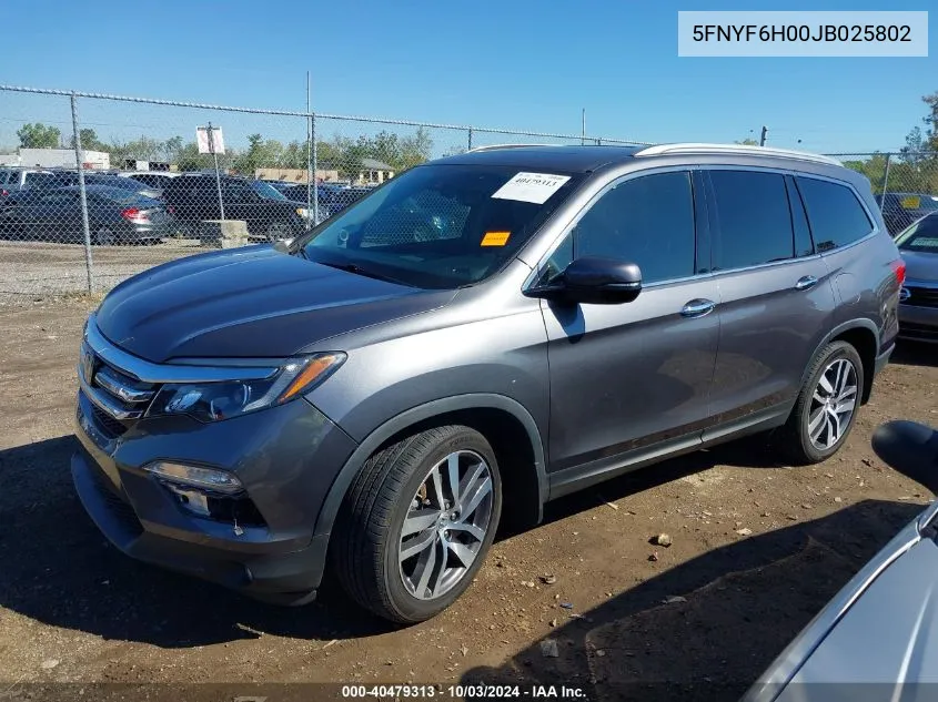 2018 Honda Pilot Elite VIN: 5FNYF6H00JB025802 Lot: 40479313