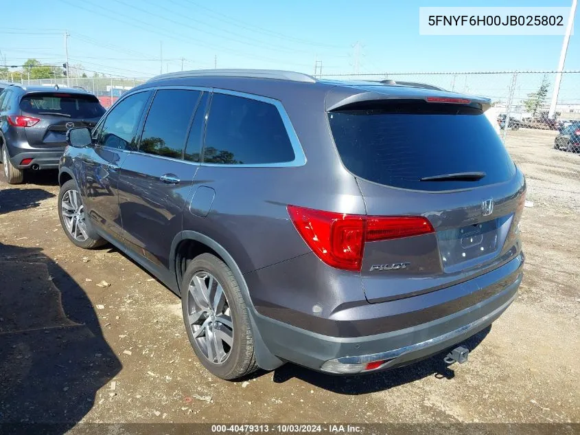 2018 Honda Pilot Elite VIN: 5FNYF6H00JB025802 Lot: 40479313