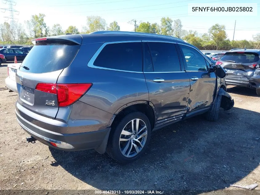 2018 Honda Pilot Elite VIN: 5FNYF6H00JB025802 Lot: 40479313